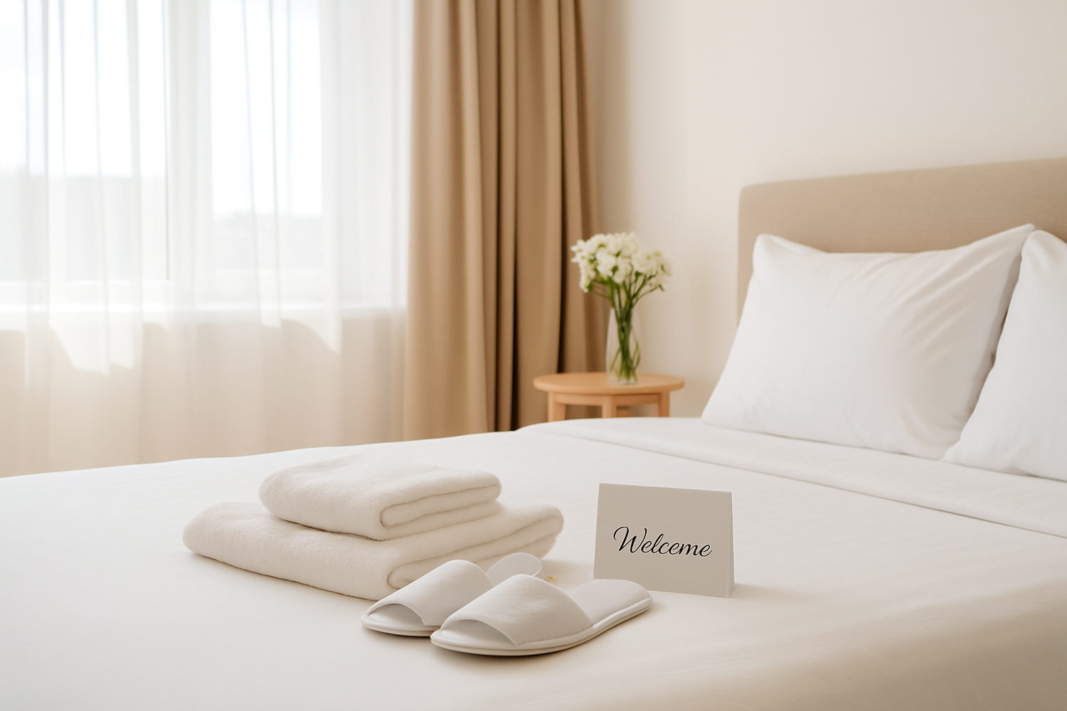 Bright cozy hotel guest room with natural sunlight, featuring white linens, welcome card, folded towels, and slippers, creating a welcoming hospitality atmosphere.