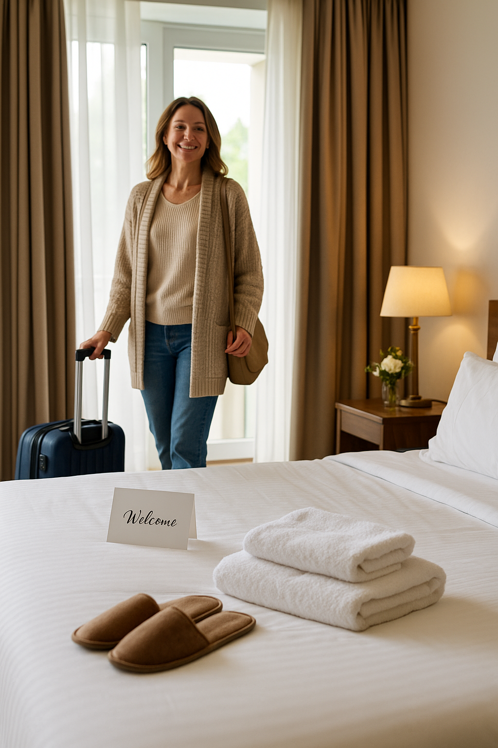 Smiling woman arriving at a bright cozy hotel room with a suitcase, greeted by a welcoming setup with folded towels, slippers, and a welcome card on the bed, natural sunlight filling the room.