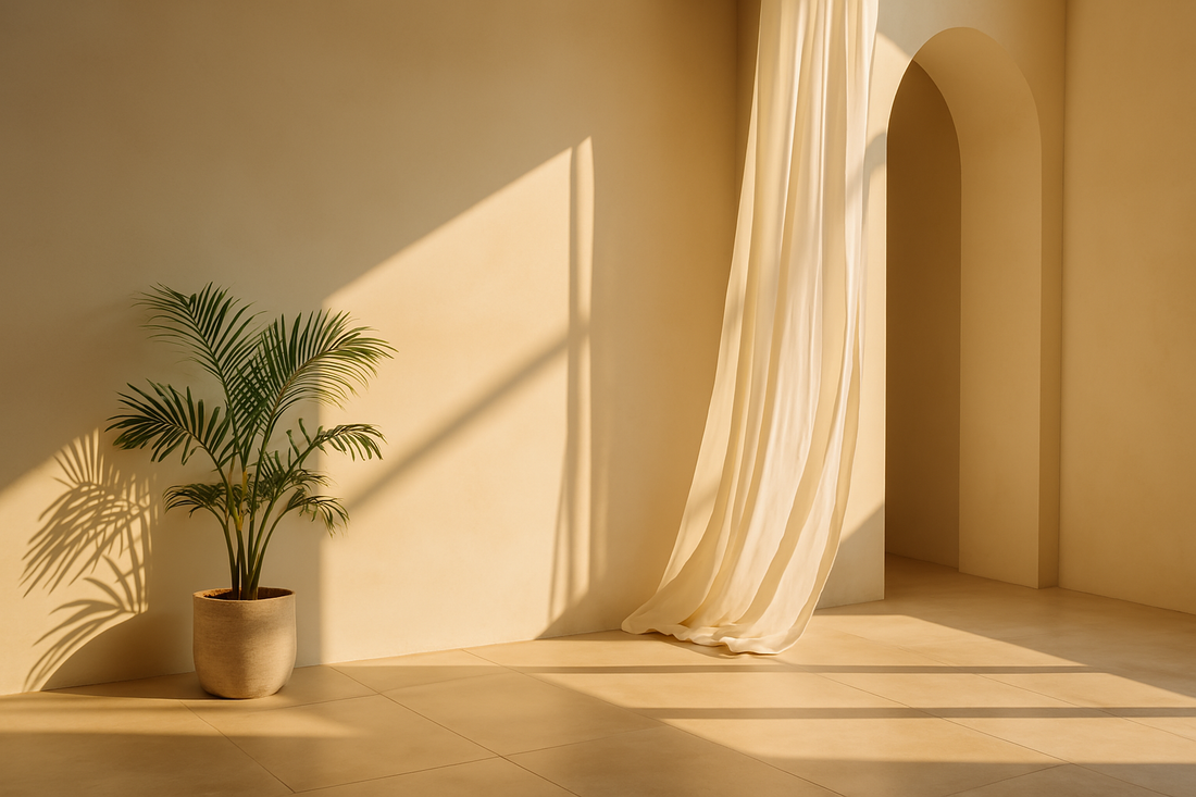Sunlit wooden console table with a rolled towel, Roomsium card, olive branch in a glass vase, and a ceramic soap dish in a minimalist hospitality setting