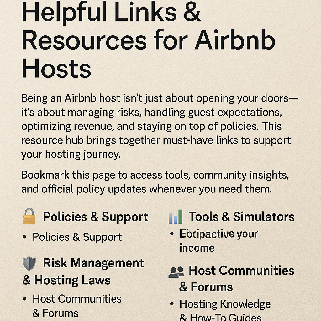 Graphic titled 'Helpful Links & Resources for Airbnb Hosts' featuring categories like Policies & Support, Tools & Simulators, Risk Management, and Host Communities, with brief descriptions on a beige background.