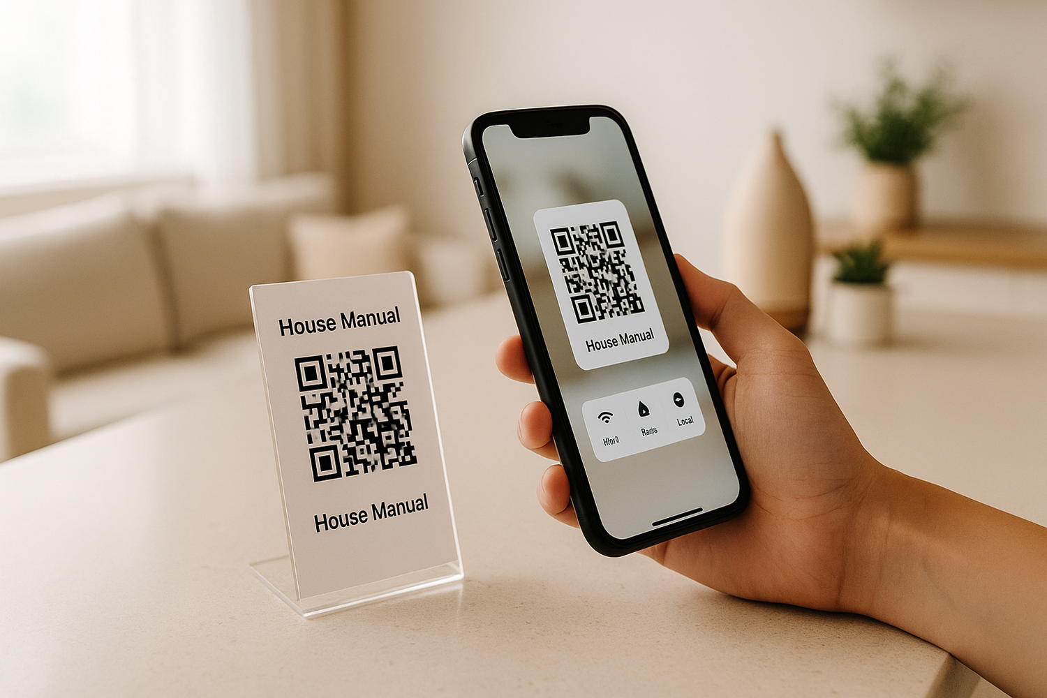 Phone scanning a QR code house manual on a kitchen counter—self-updating guide for guests.