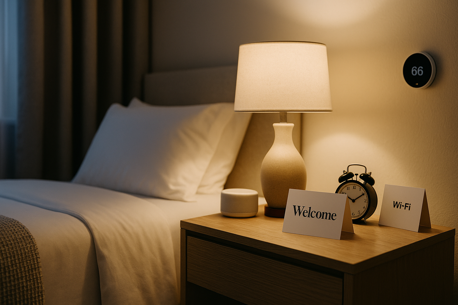 Cozy guest bedroom at night with soft bedside lamp, blackout curtains and a welcome card, set up for a restful first night.