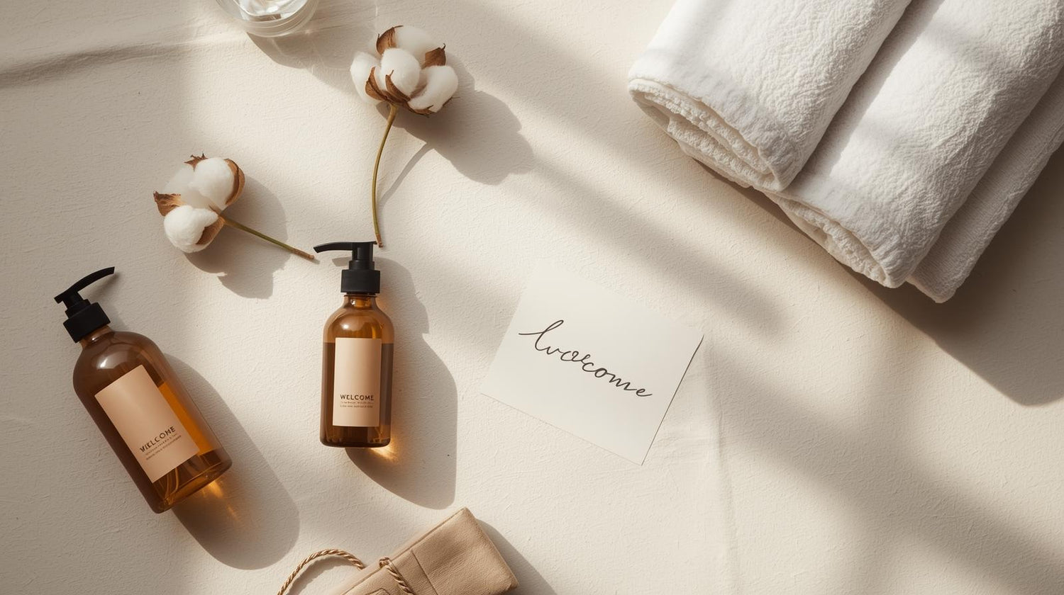 Minimalist flat lay of Airbnb host essentials including amber toiletries bottles, folded white towels, and a welcome card on a beige surface — elegant, boutique-style hospitality aesthetic by Roomsium.