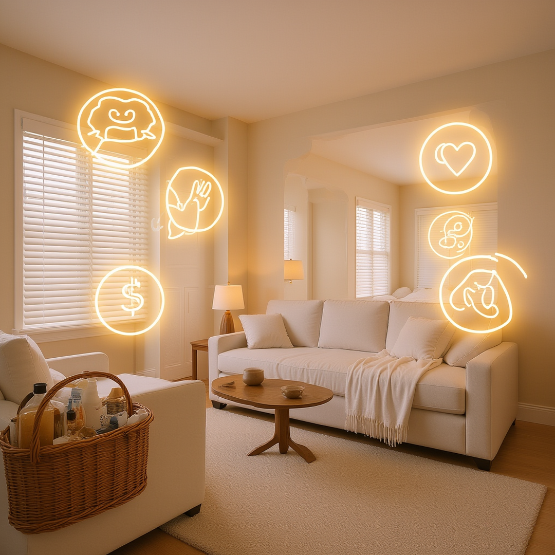 A bright, modern vacation rental interior with a cozy living room and bedroom, soft natural lighting, subtle luxury touches like a neatly arranged welcome basket and premium toiletries on the counter