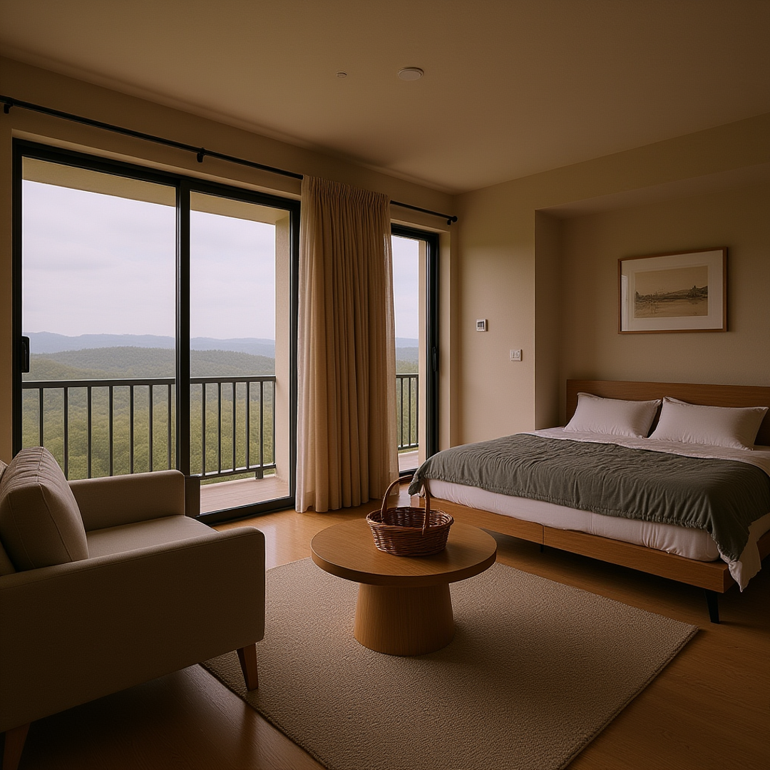 A modern, cozy vacation rental interior with a neatly arranged living room and bedroom, soft natural lighting coming through large windows