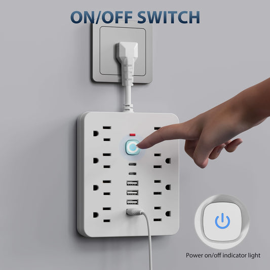 14-in-1 Power Strip with 8 AC Outlets, 4 USB-A & 2 USB-C Ports | 110–130V | Independent Switch & Overload Protection
