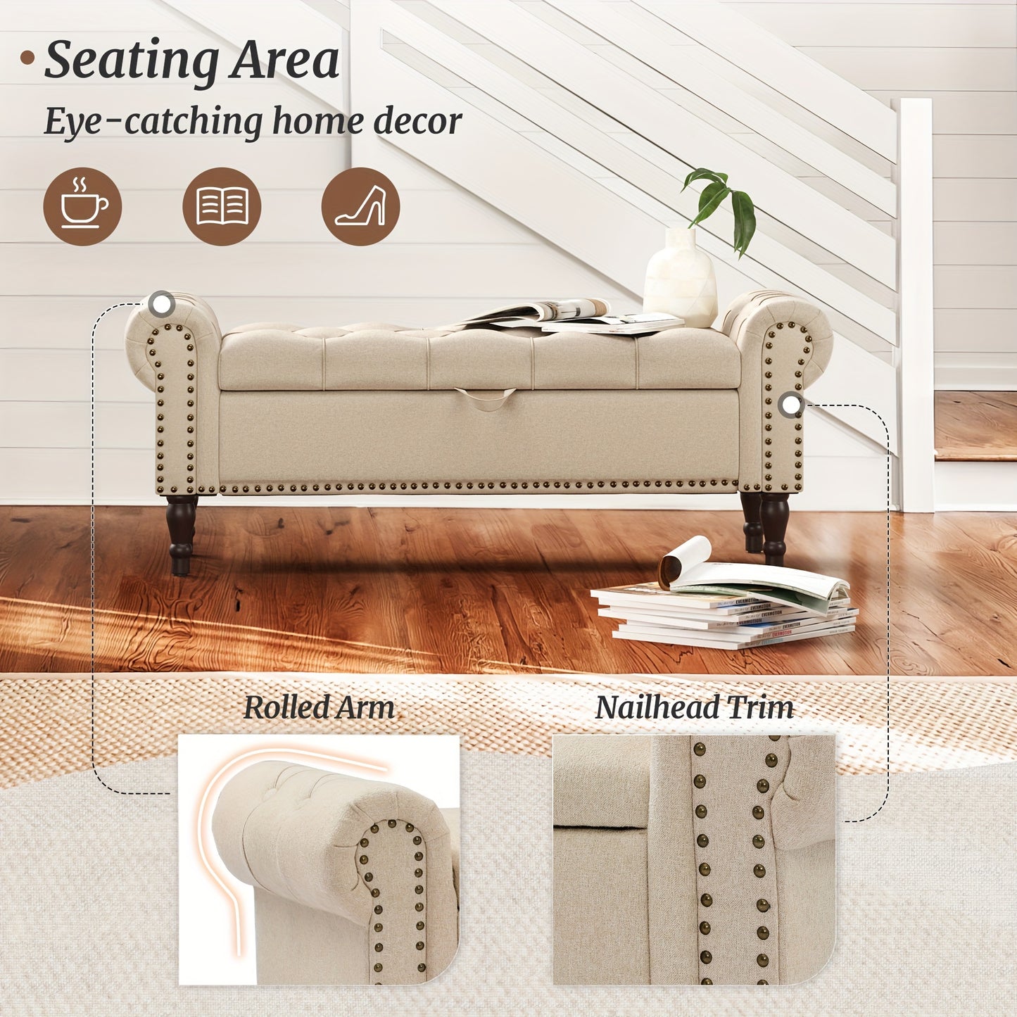 Storage Bench Ottoman with Rolled Arm & Tufted Detail – Linen Upholstered Bedroom & Entryway Bench