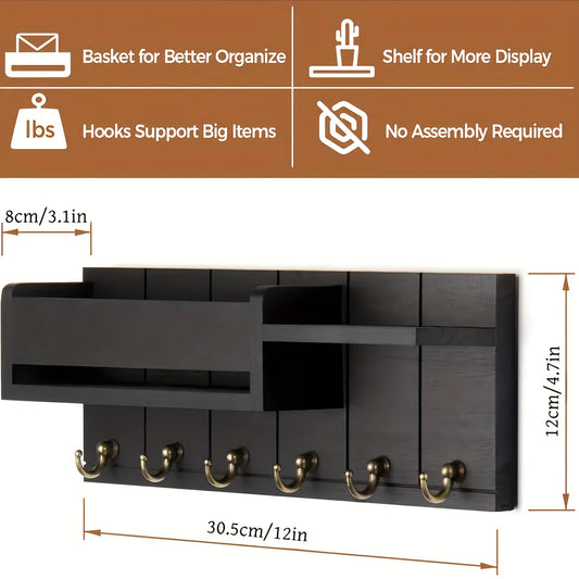 Rustic Wooden Wall-Mounted Storage Shelf with Key Holder & Mail Organizer