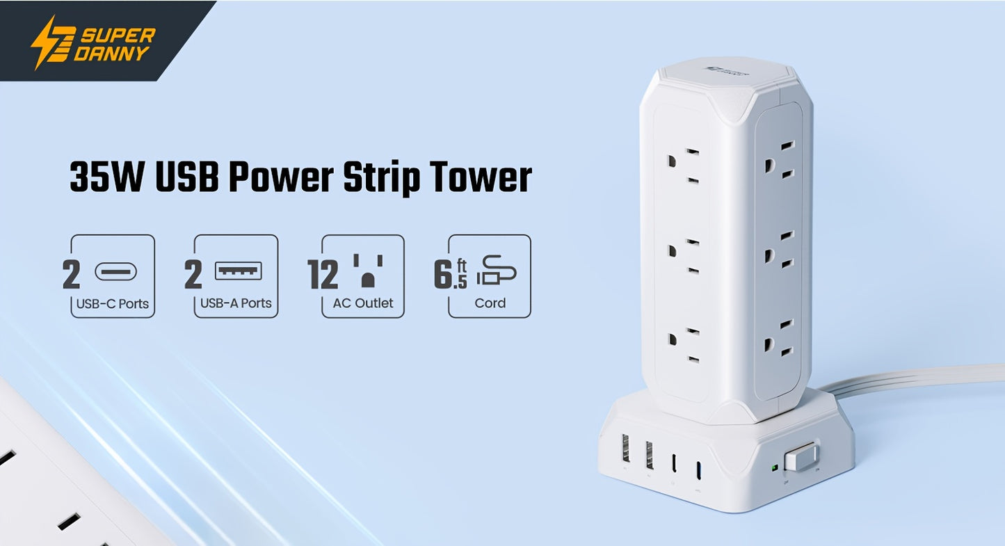 SUPERDANNY 12-Outlet Power Strip Tower with USB & Surge Protection – 35W Fast Charging Station