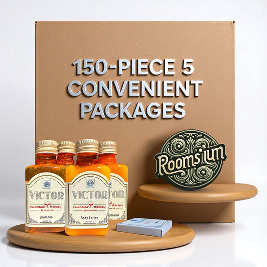 Roomsium Victor 150-Piece Toiletries Set – Bulk Travel Size Guest Amenities Kit with Shampoo, Conditioner, Shower Gel, Body Lotion & Soap | Hotel, Spa & Gift Supplies