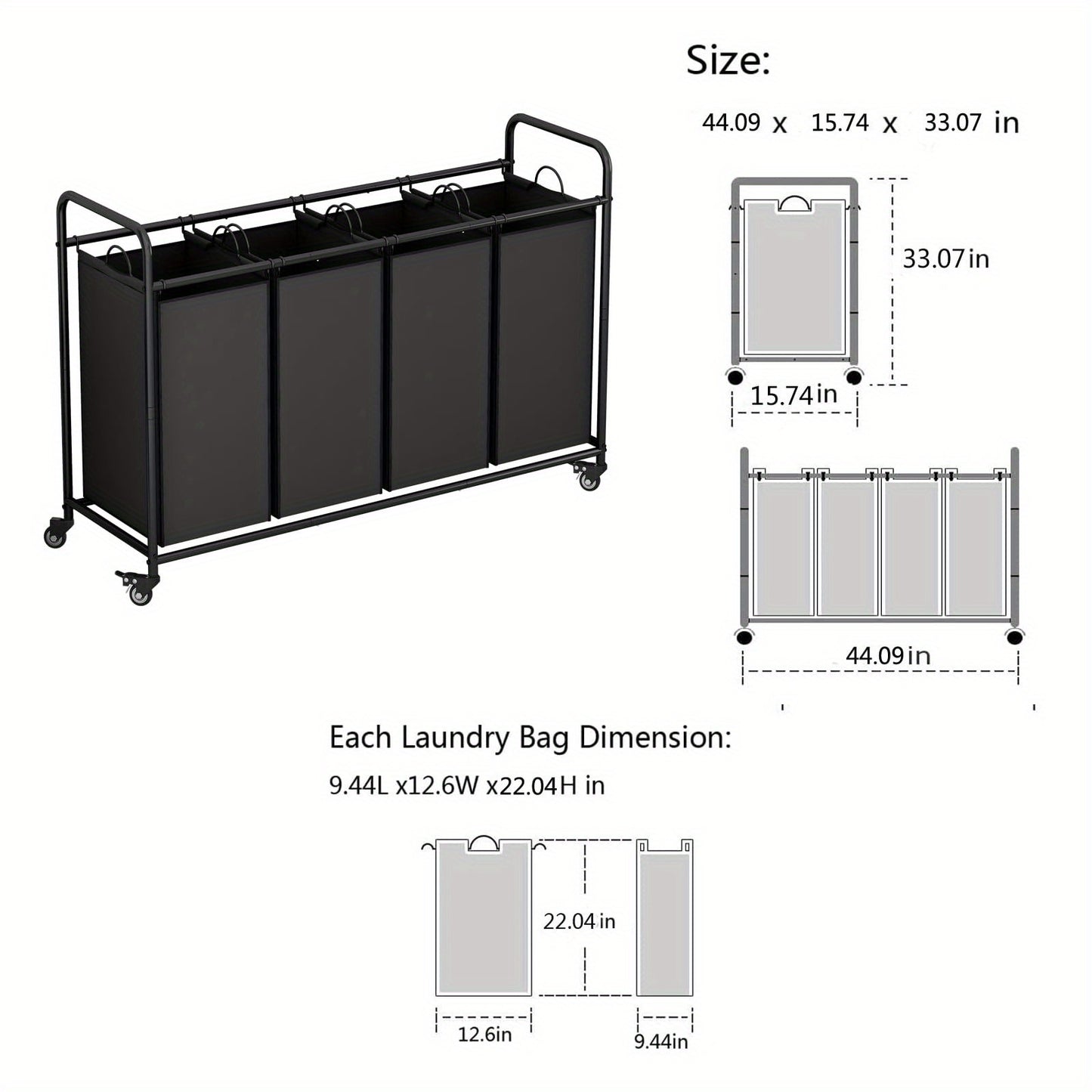 4-Bag Sorter Laundry Hamper Cart with Heavy-Duty Rolling Wheels