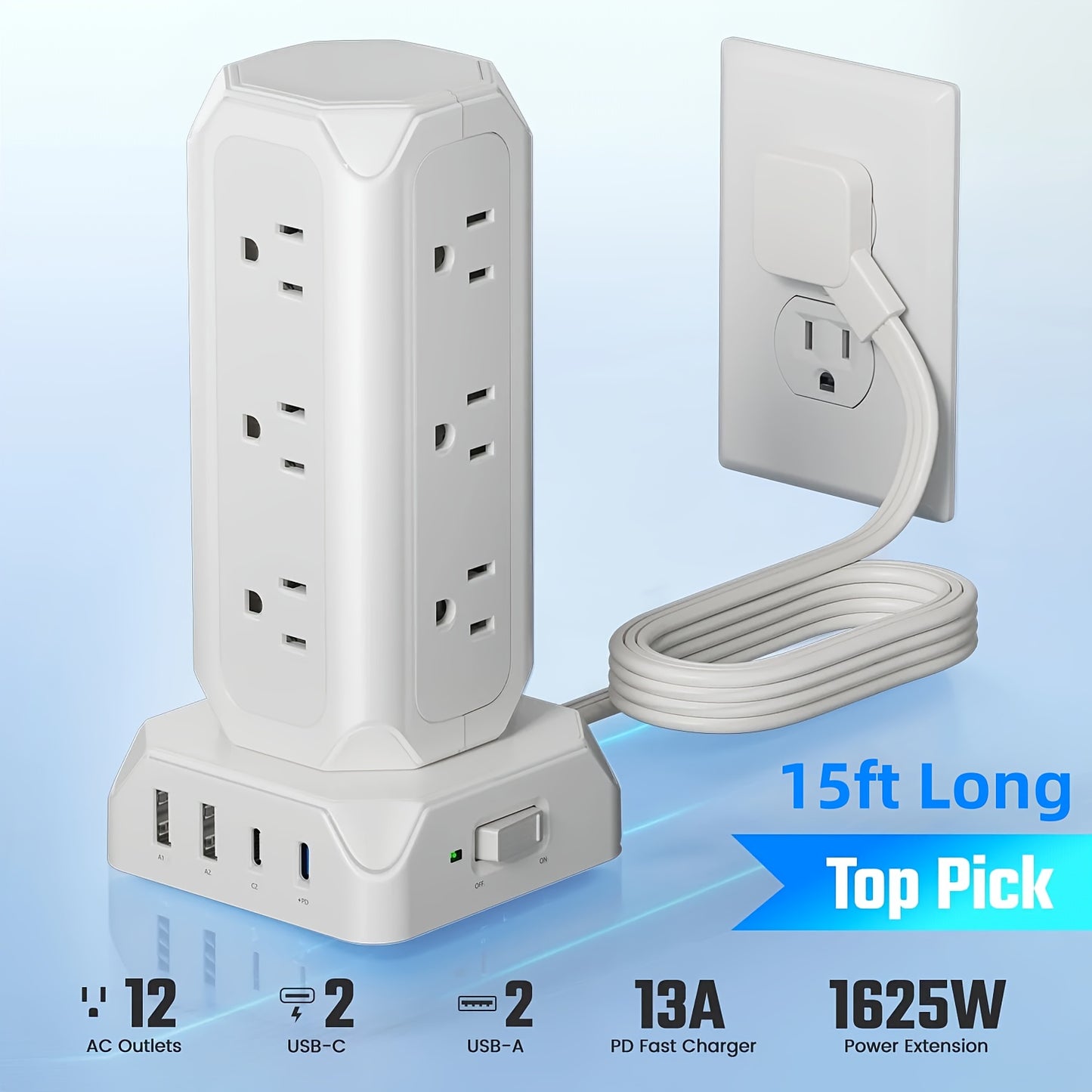 SUPERDANNY 12-Outlet Power Strip Tower with USB & Surge Protection – 35W Fast Charging Station