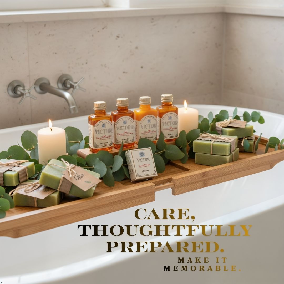 Roomsium Guest Bathroom Bundle (170 Pieces) – Victor Toiletries Sets & Hand-Wrapped Olive Oil Guest Soaps - Roomsium