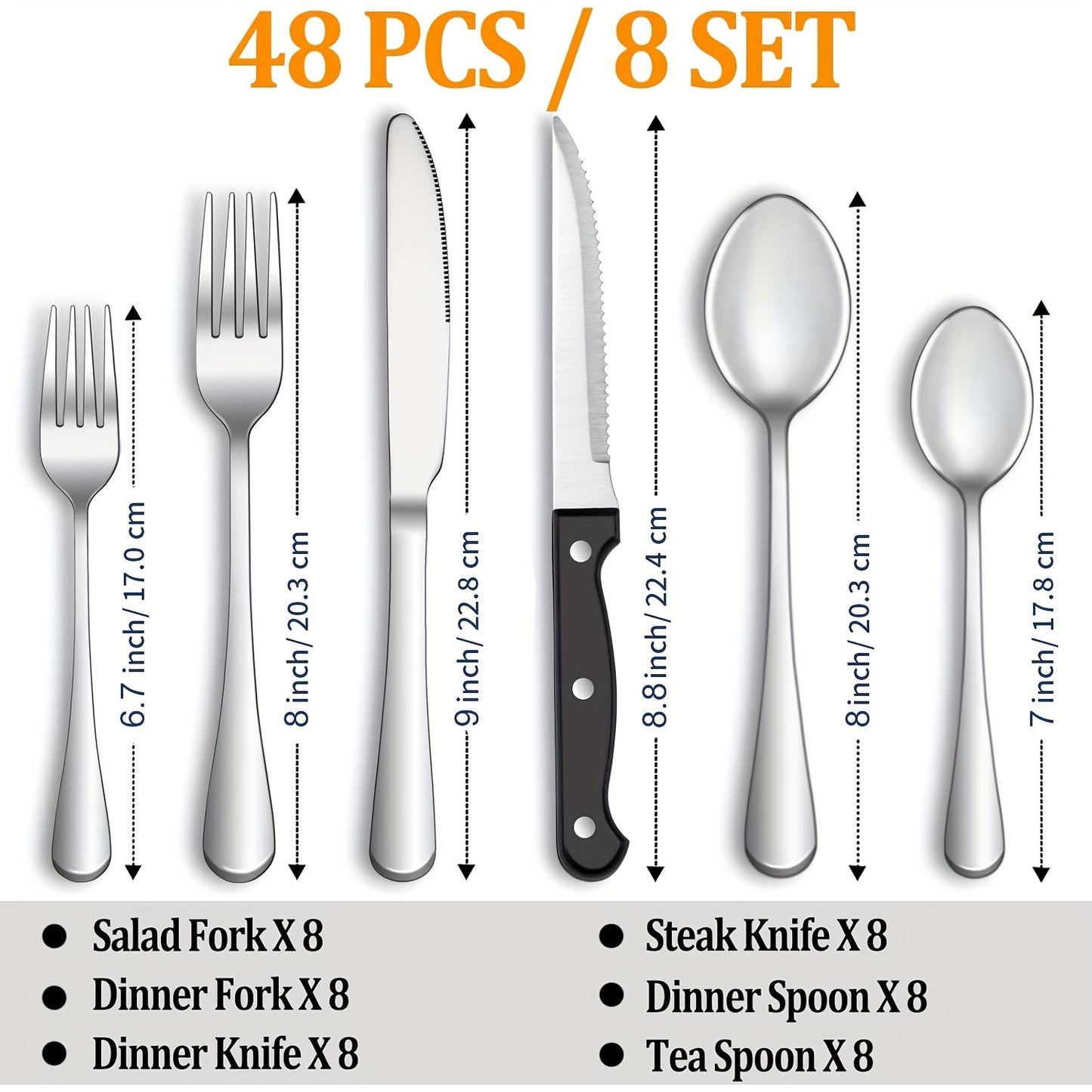 24/48-Piece Stainless Steel Silverware Set with Steak Knives – Mirror-Polished Tableware