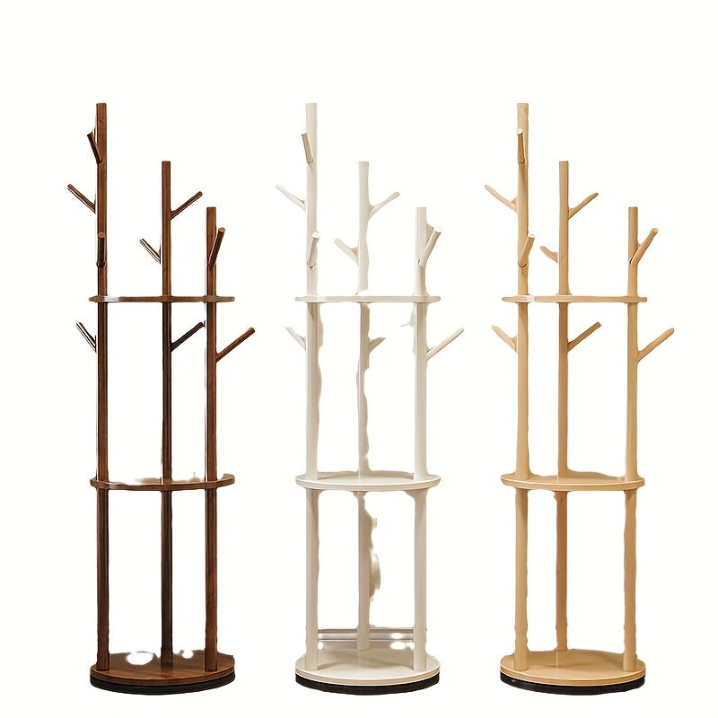 Rotary Solid Wood Coat Rack with 3 Shelves & 9 Hooks – Freestanding 360° Rotating Organizer