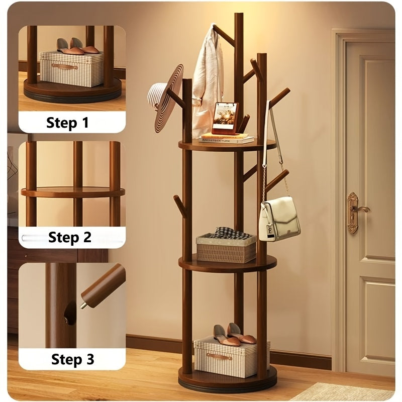 Rotary Solid Wood Coat Rack with 3 Shelves & 9 Hooks – Freestanding 360° Rotating Organizer