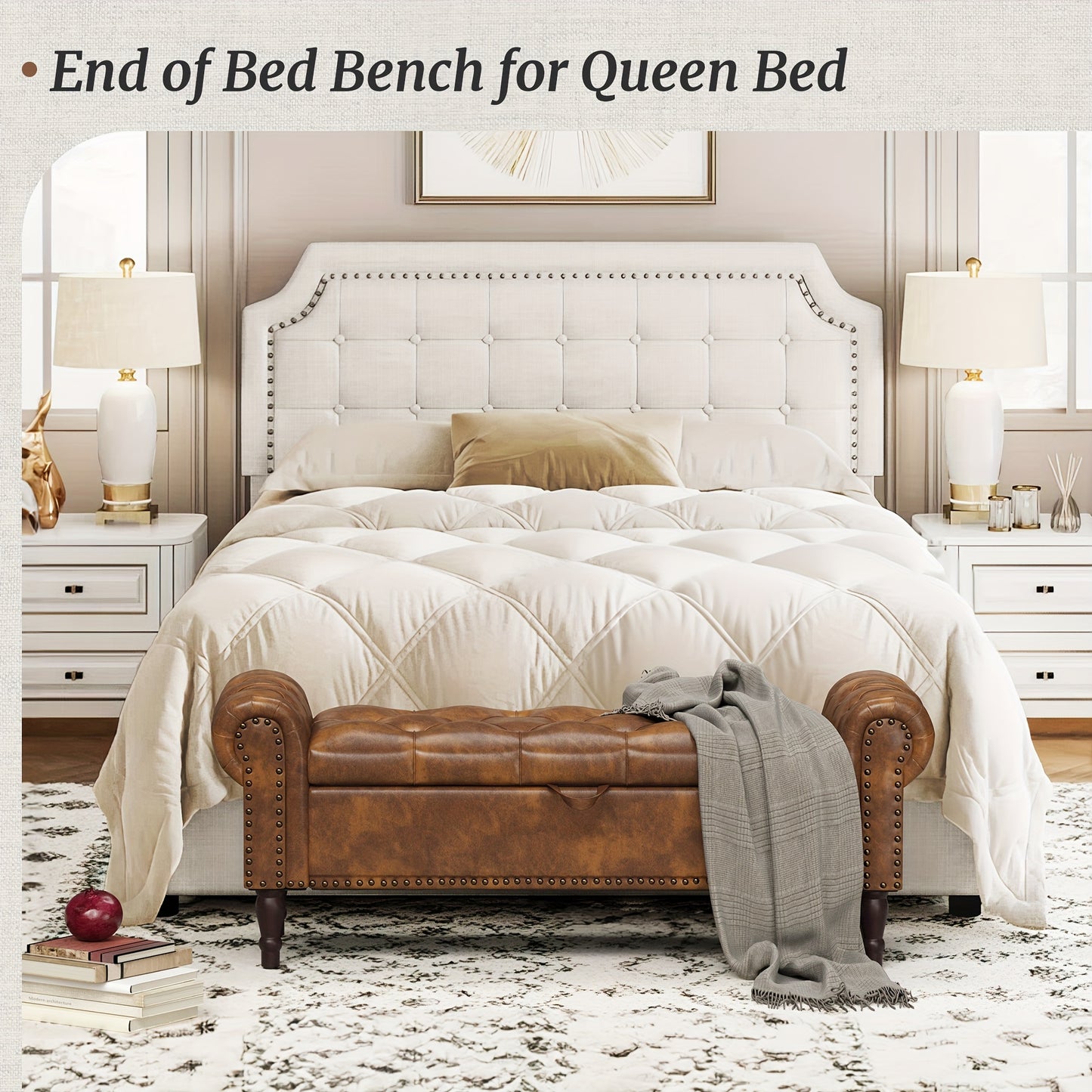 Storage Bench Ottoman with Rolled Arm & Tufted Detail – Linen Upholstered Bedroom & Entryway Bench