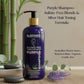 Purple shampoo bottle with pump on a neutral background with text about its features.