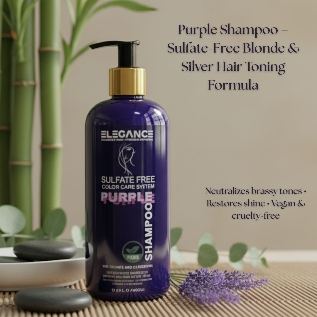 Purple shampoo bottle with pump on a neutral background with text about its features.