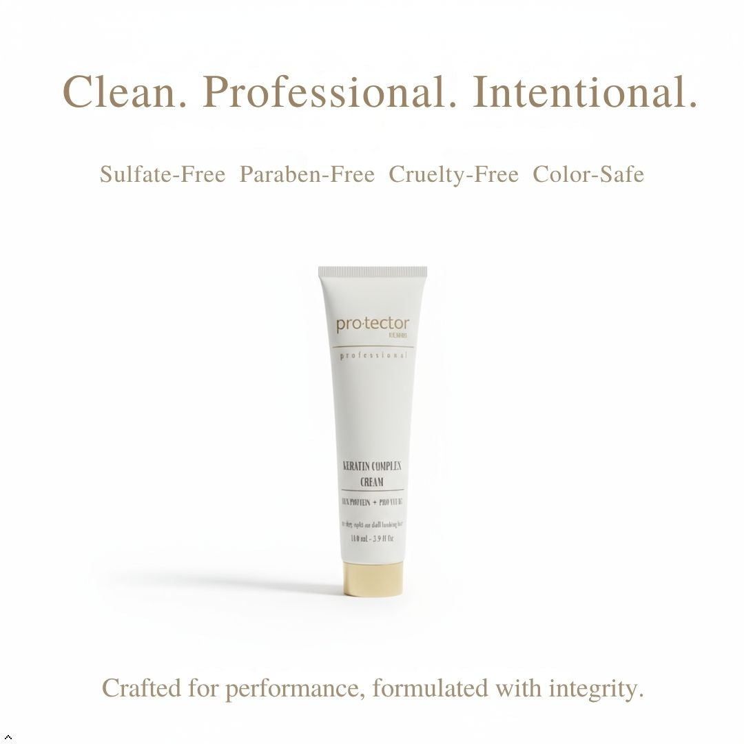Tube of 'protector' cream on a white background with text about product attributes.