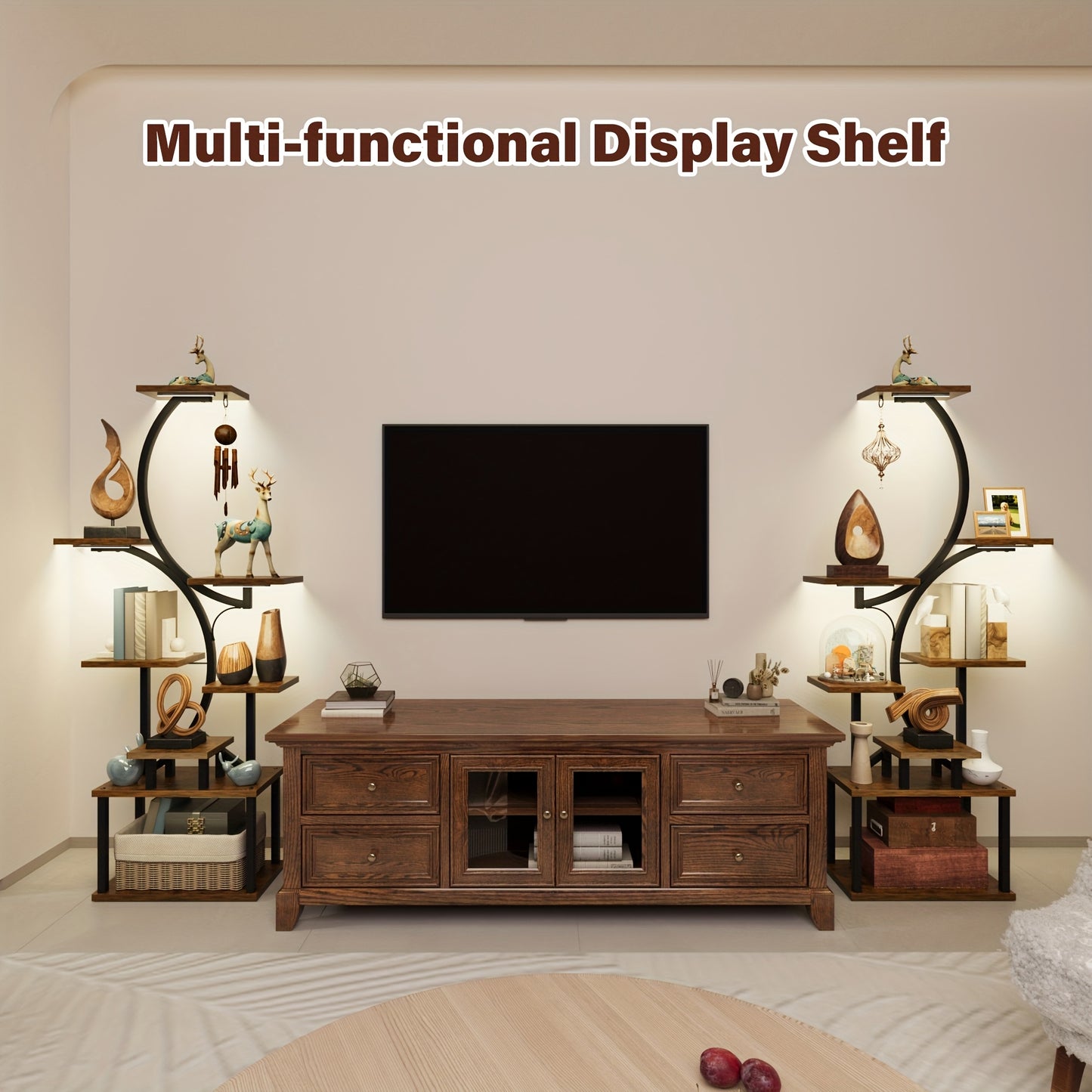 8-Tier Bookshelf with Lights – Metal & Wood Display Unit