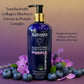 Elegance Purple Shampoo bottle with blueberries and flowers on a purple background