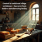 Sunlight streaming into a traditional village workshop with pottery and soap on a table.