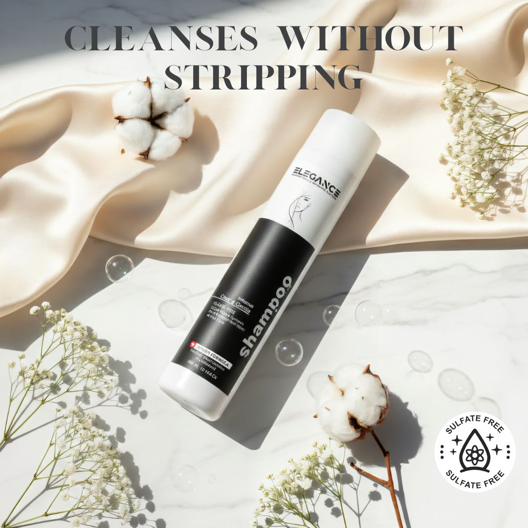 Shampoo bottle with 'Elegance' branding on a light background with cotton and flowers.