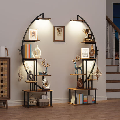 2pcs 7-Tier Bookshelf with Lights – Metal & Wood Display Unit