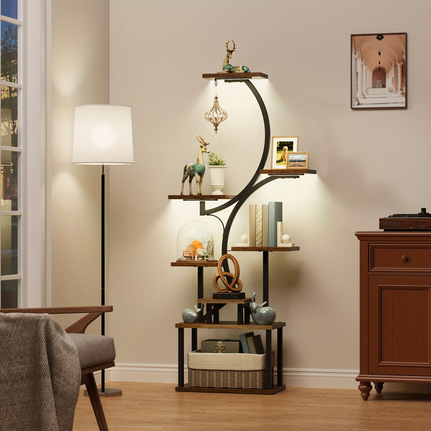 8-Tier Bookshelf with Lights – Metal & Wood Display Unit