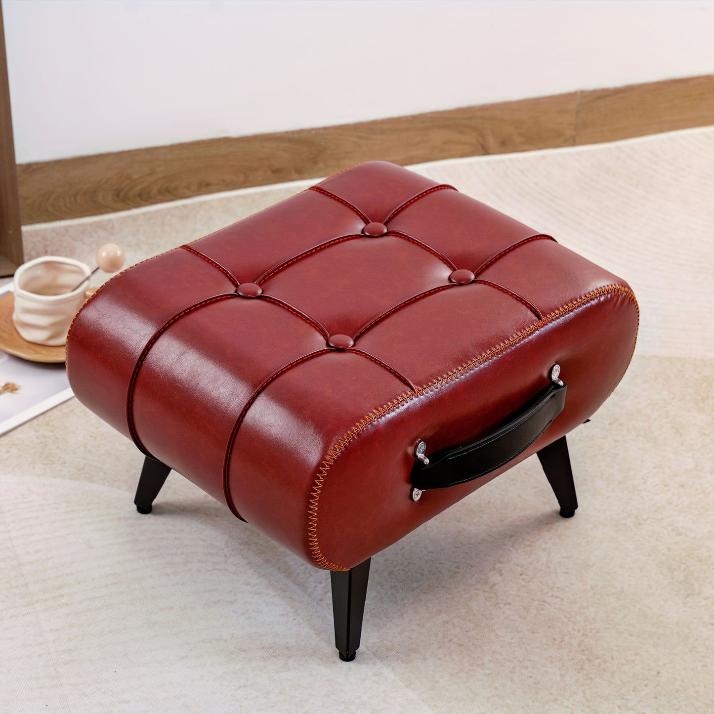 High-Quality Oil Wax Leather Low Stool – Padded Footstool & Accent Bench