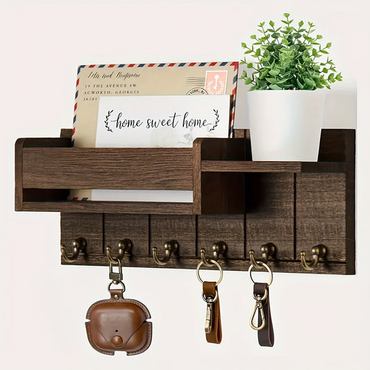 Rustic Wooden Wall-Mounted Storage Shelf with Key Holder & Mail Organizer