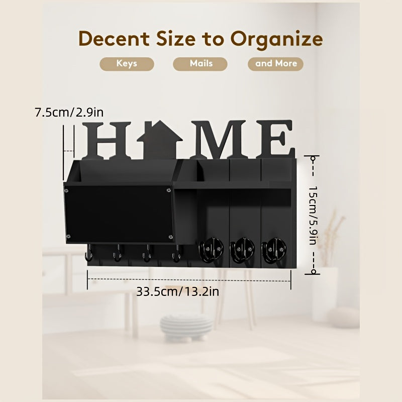 Wall Keychain Organizer with Chalkboard & 7 Hooks – Rustic Mail Rack & Shelf