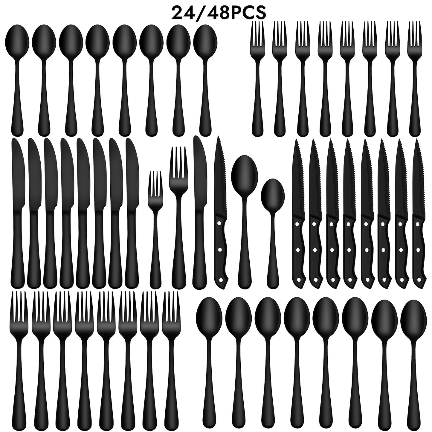 24/48-Piece Stainless Steel Silverware Set with Steak Knives – Mirror-Polished Tableware