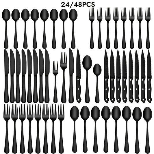 24/48-Piece Stainless Steel Silverware Set with Steak Knives – Mirror-Polished Tableware