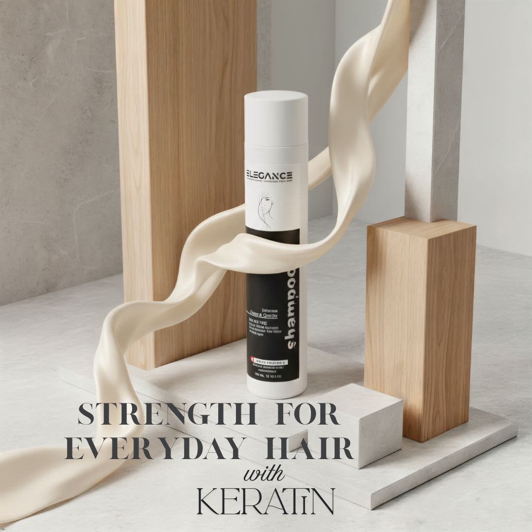 Shampoo bottle with text 'Strength for Everyday Hair with Keratin' on a minimalistic background