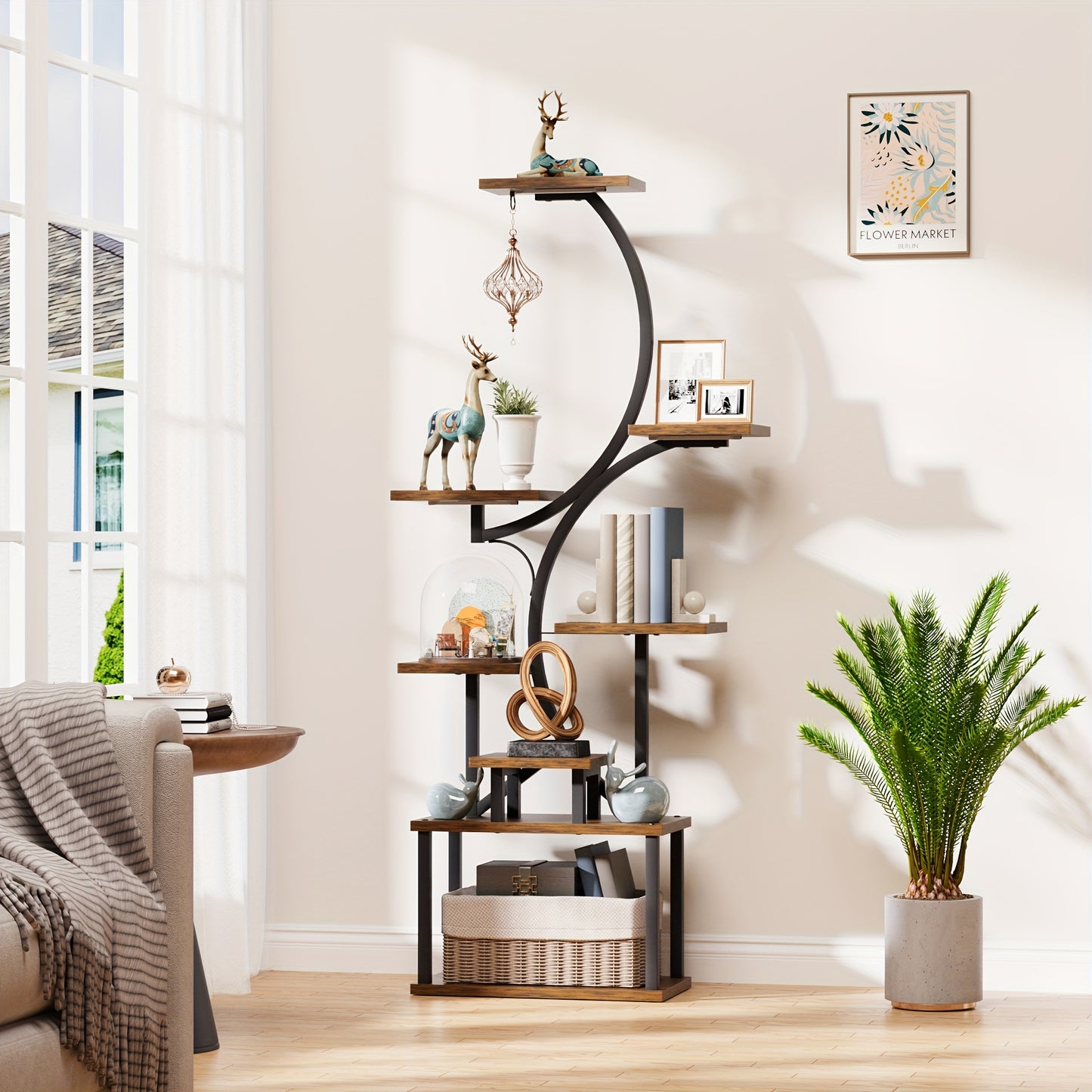 8-Tier Bookshelf with Lights – Metal & Wood Display Unit