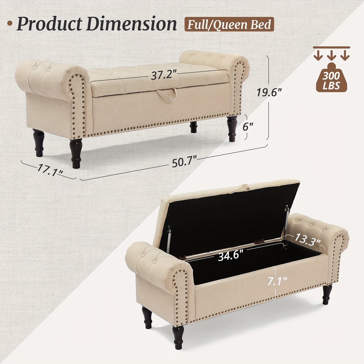 Storage Bench Ottoman with Rolled Arm & Tufted Detail – Linen Upholstered Bedroom & Entryway Bench