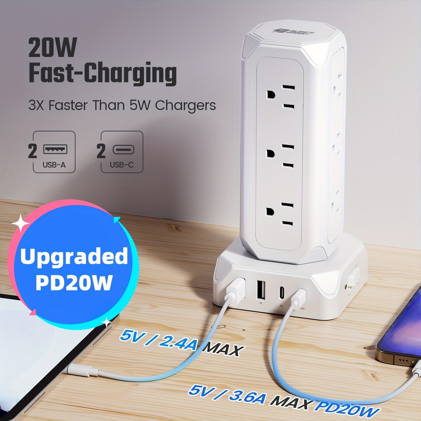 SUPERDANNY 12-Outlet Power Strip Tower with USB & Surge Protection – 35W Fast Charging Station