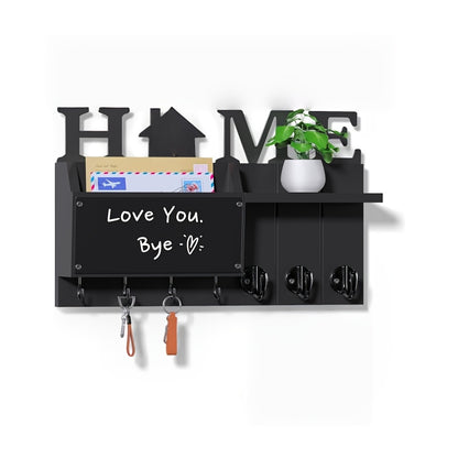 Wall Keychain Organizer with Chalkboard & 7 Hooks – Rustic Mail Rack & Shelf