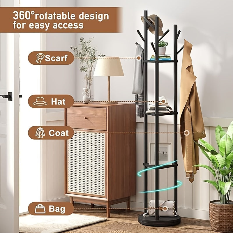 Rotary Solid Wood Coat Rack with 3 Shelves & 9 Hooks – Freestanding 360° Rotating Organizer