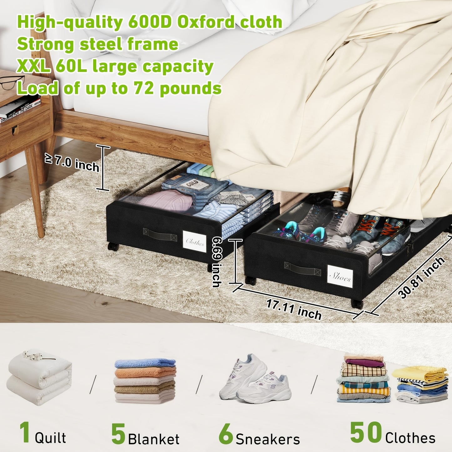 2-Pack Under Bed Storage with Wheels – 60L Each