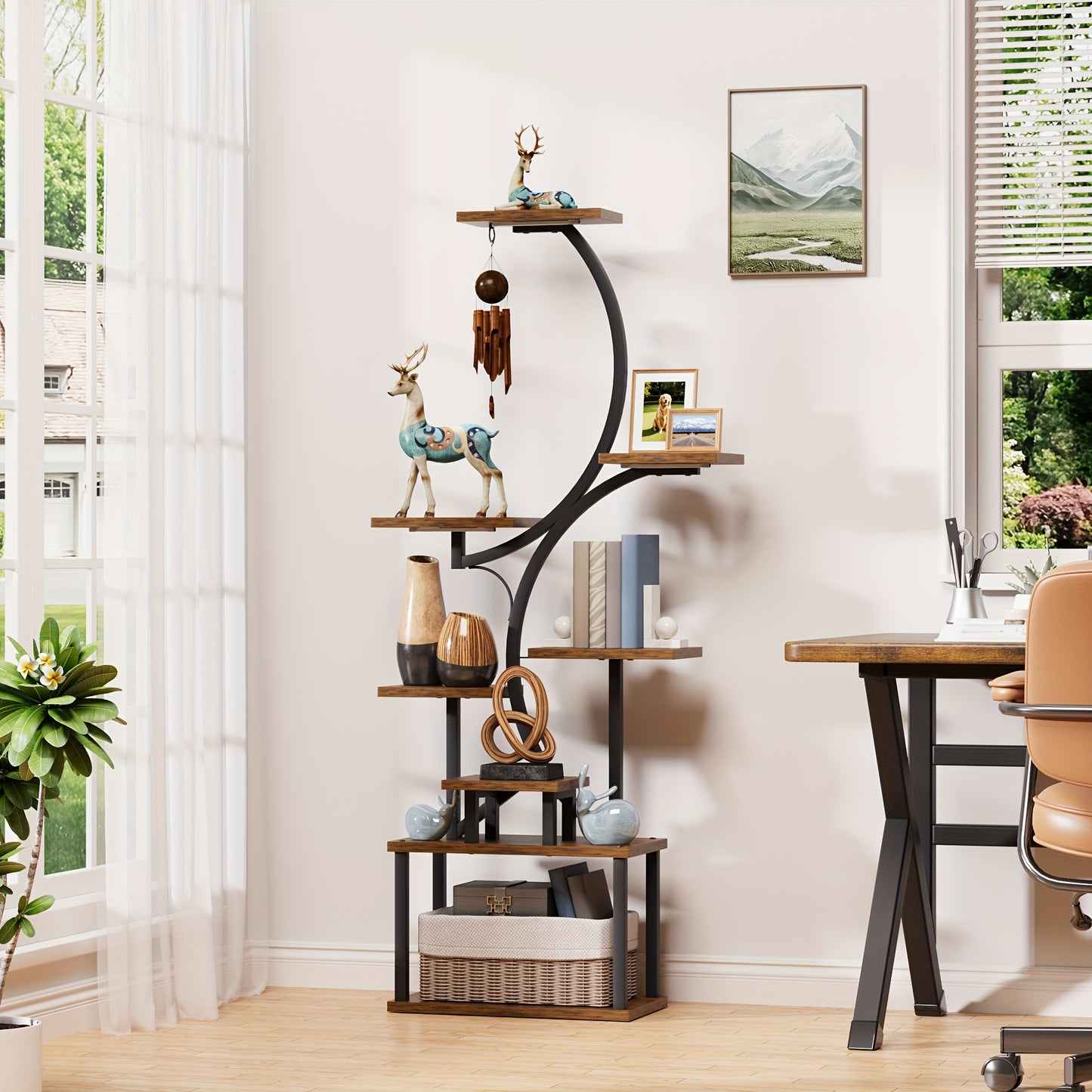 8-Tier Bookshelf with Lights – Metal & Wood Display Unit