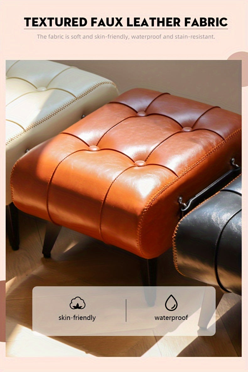 High-Quality Oil Wax Leather Low Stool – Padded Footstool & Accent Bench