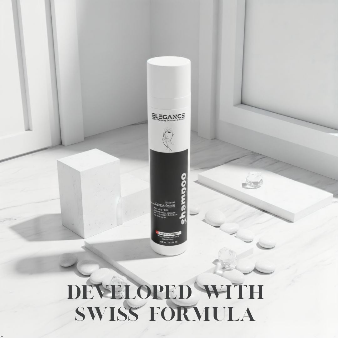 Shampoo bottle labeled 'Elegance' on a white surface with pebbles.