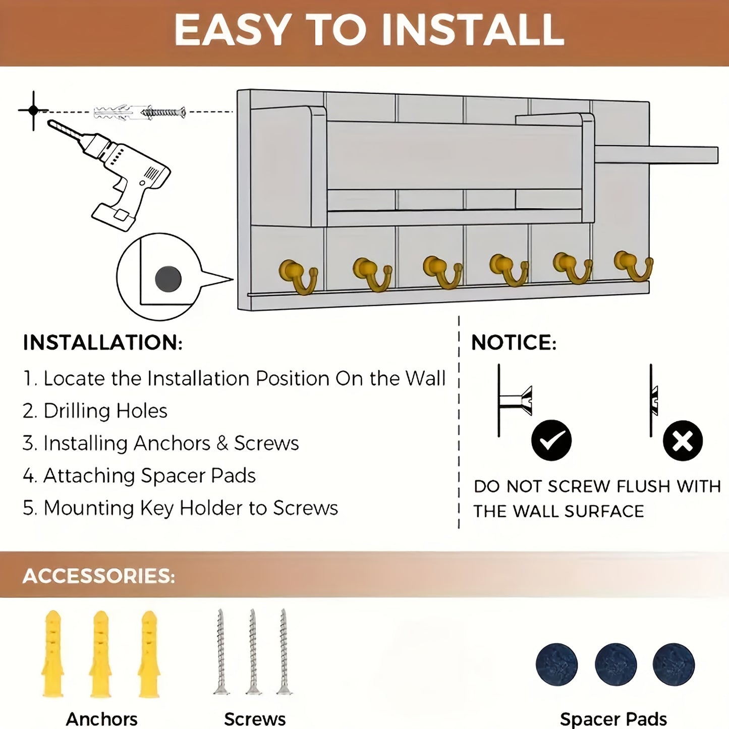 Rustic Wooden Wall-Mounted Storage Shelf with Key Holder & Mail Organizer