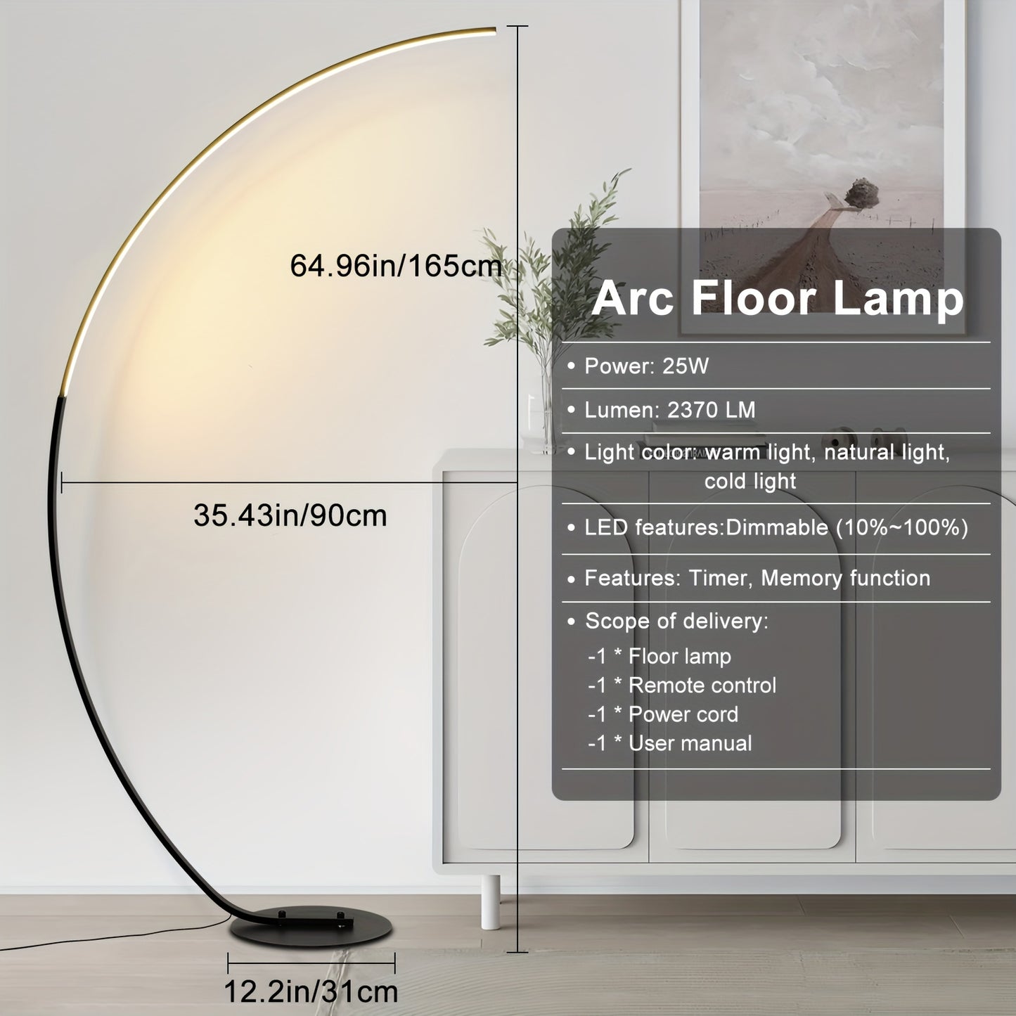 MASTHDF 65-Inch Arched Floor Lamp with Remote Control – Dimmable LED Lighting for Bedroom & Living Room