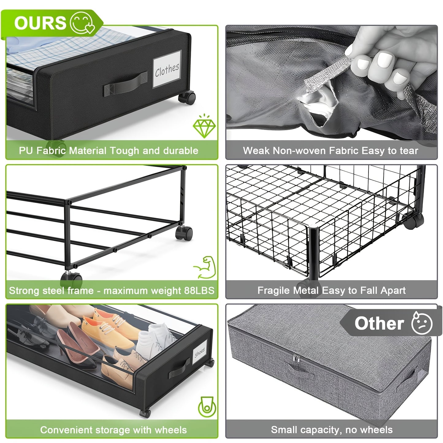 2-Pack Under Bed Storage with Wheels – 60L Each