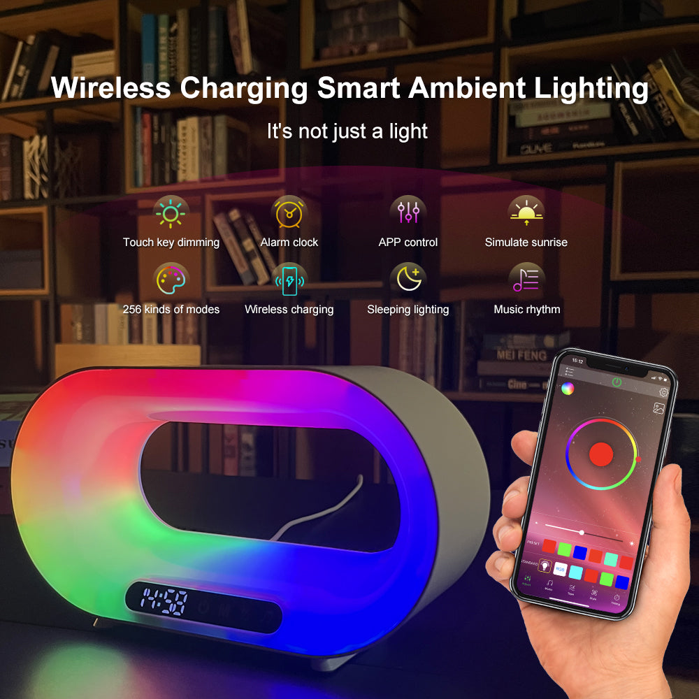 3-in-1 LED Night Light with Wireless Charger & Alarm Clock (RGB, App Control)