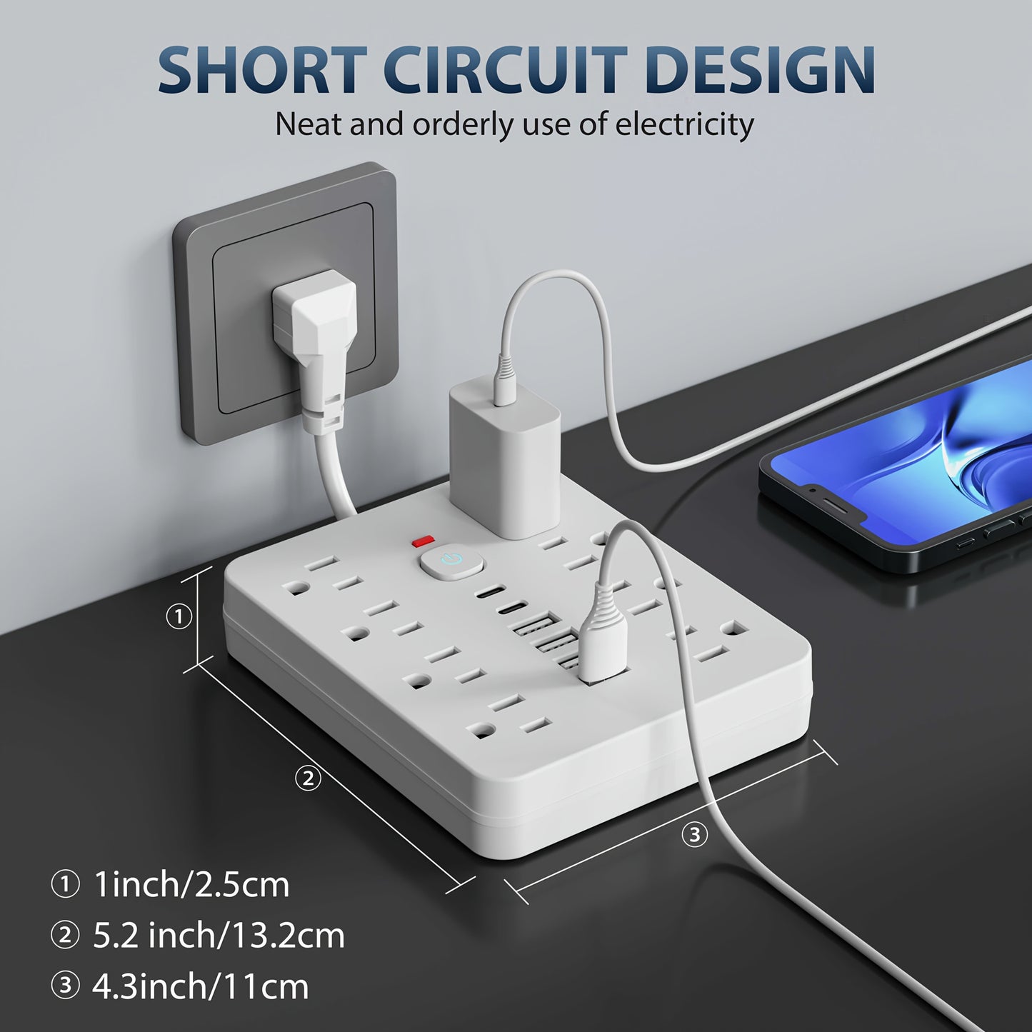 14-in-1 Power Strip with 8 AC Outlets, 4 USB-A & 2 USB-C Ports | 110–130V | Independent Switch & Overload Protection